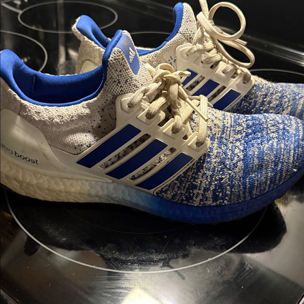 adidas Blue and Cream Knit Running Sneakers
